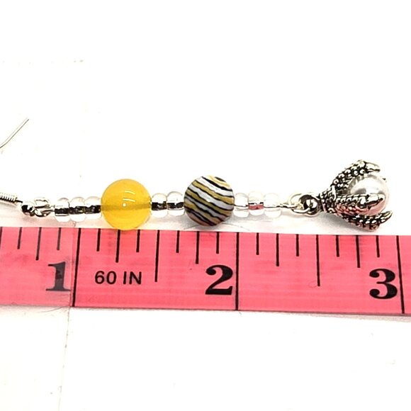 Yellow bead with swirls and dragon claw charm with faux pearl, Dangle Earrings - Picture 3 of 7